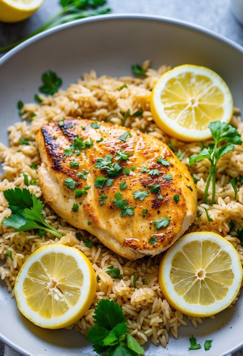 A sizzling chicken breast sits atop a bed of fluffy brown rice, surrounded by fresh lemon slices and vibrant green herbs