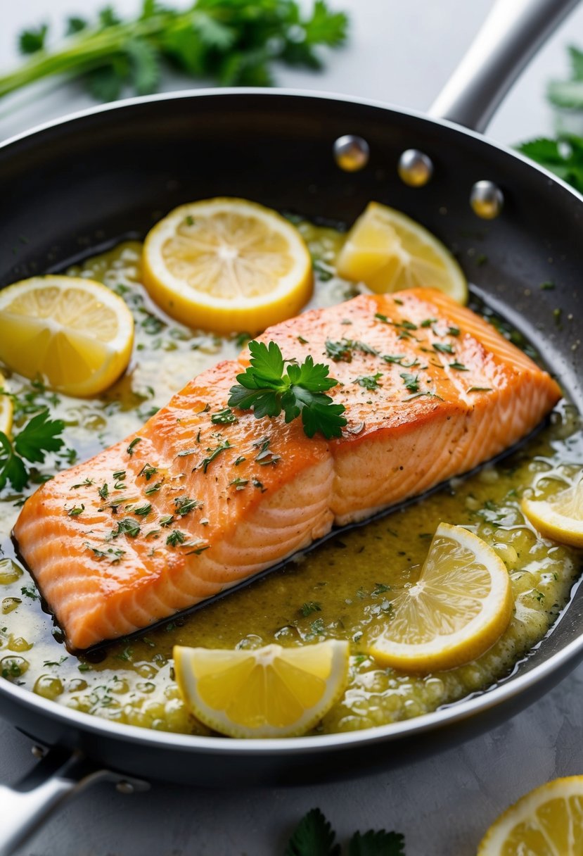 Salmon fillet sizzling in a hot pan with bubbling garlic butter sauce, surrounded by fresh herbs and lemon slices