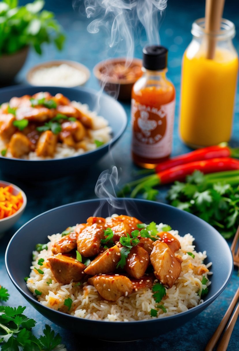 A steaming bowl of Sriracha honey chicken and rice, surrounded by colorful vegetables and herbs