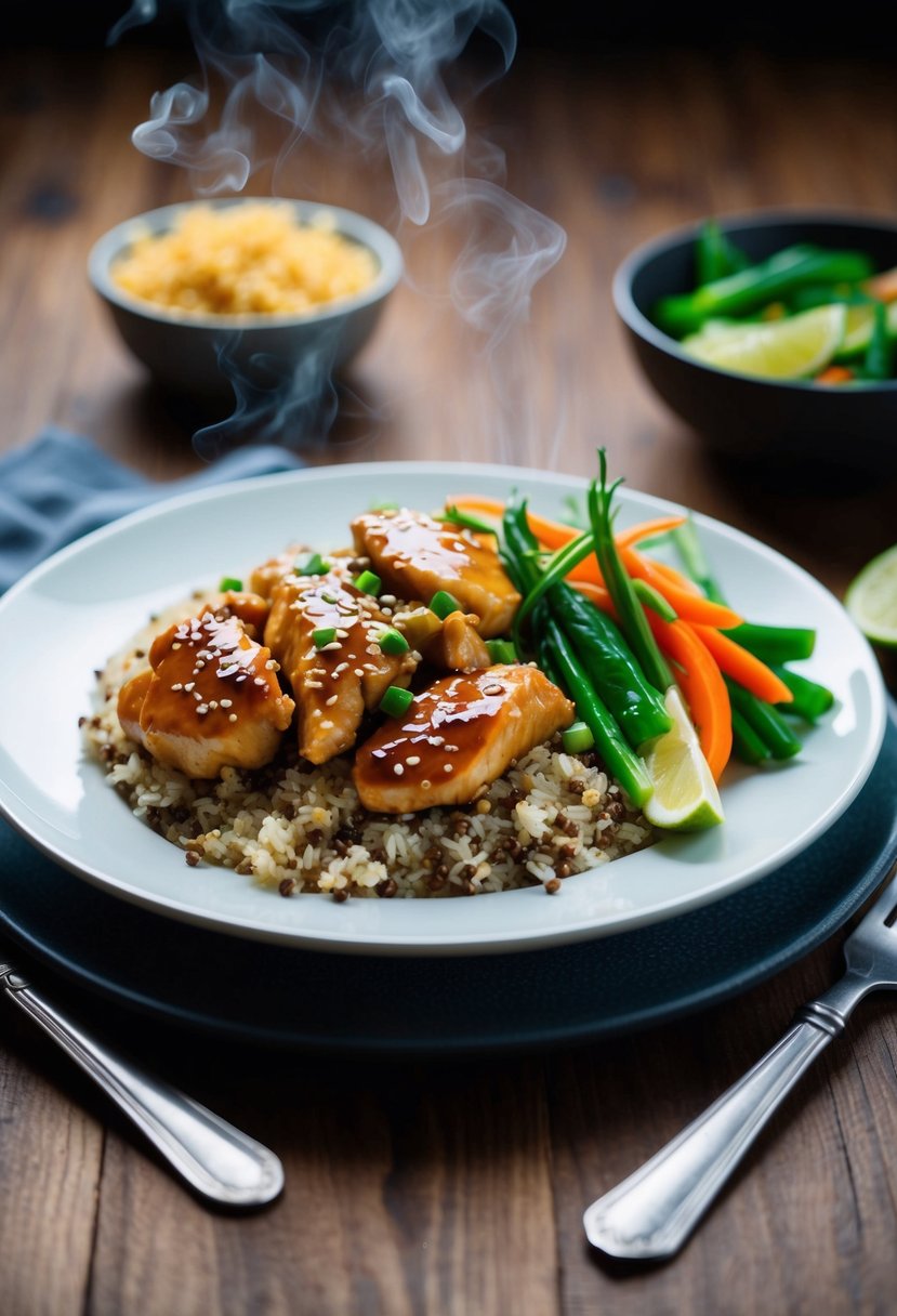 A plate of ginger teriyaki chicken with quinoa and rice, garnished with colorful vegetables, steaming and inviting