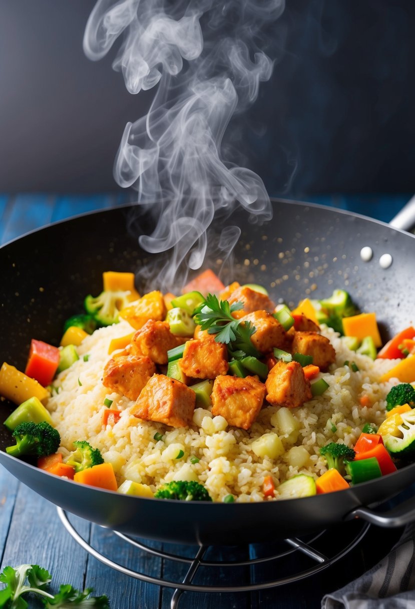 A sizzling wok filled with colorful vegetables, tender chunks of spicy chicken, and fluffy cauliflower rice, emitting aromatic steam