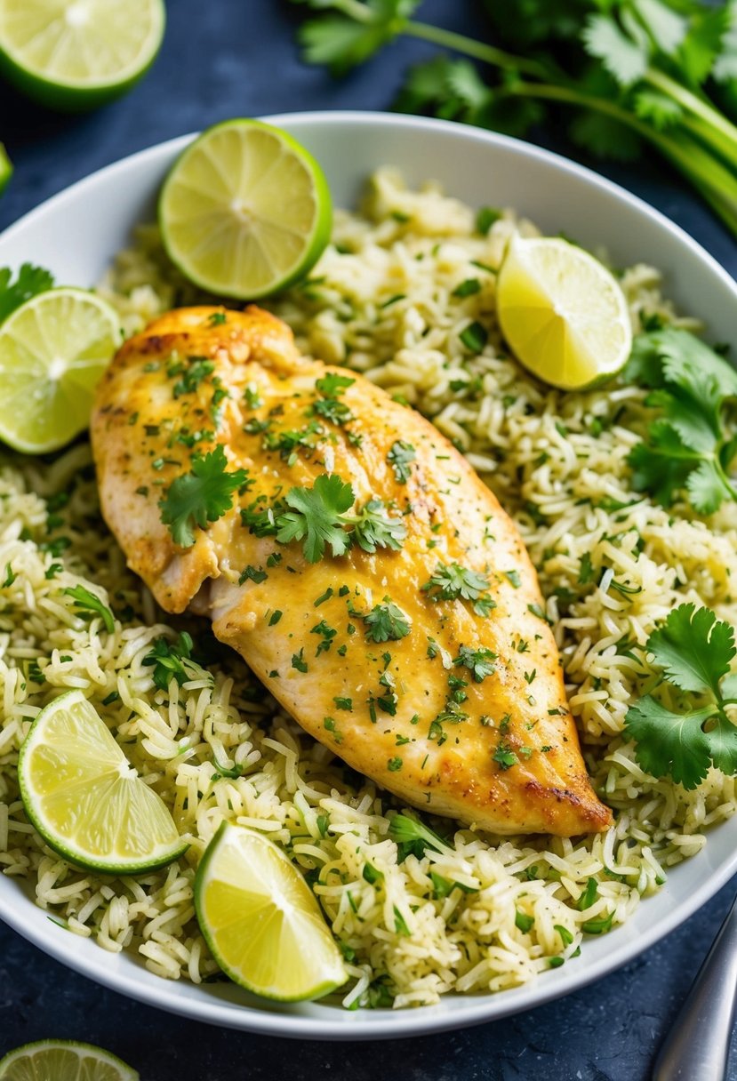 A sizzling garlic lime chicken breast rests on a bed of fluffy cilantro rice, surrounded by vibrant lime wedges and fresh cilantro leaves