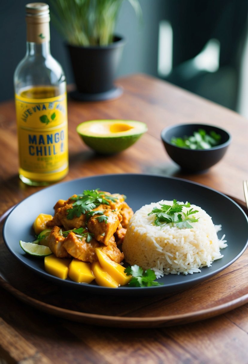 A plate of mango chili chicken with jasmine rice, garnished with fresh herbs, sits on a wooden table