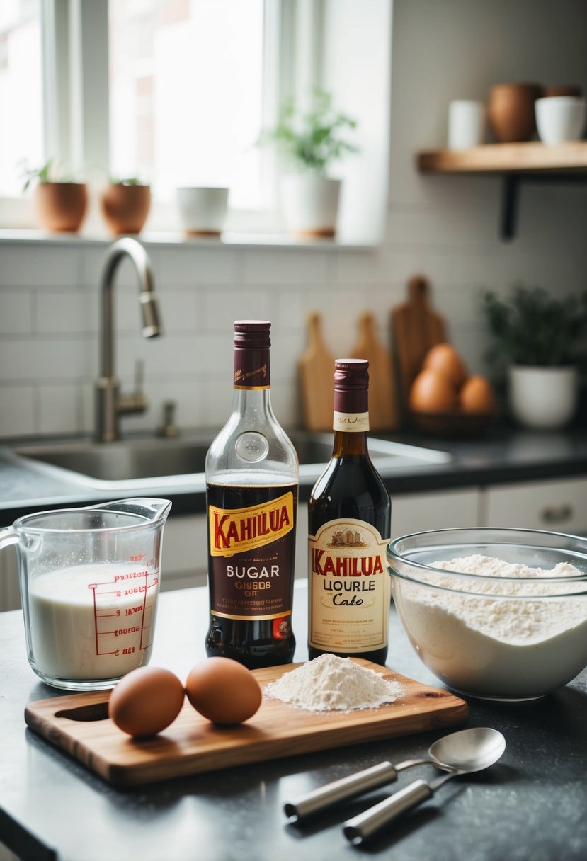 A kitchen counter with ingredients and utensils for making Kahlua cake, including flour, sugar, eggs, Kahlua liqueur, and a mixing bowl