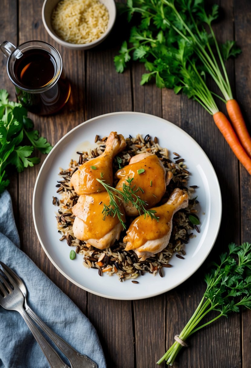 A plate of honey balsamic chicken with wild rice, surrounded by fresh herbs and vegetables, sits on a rustic wooden table