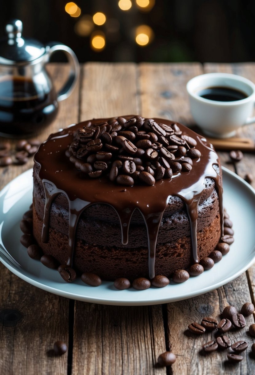 A decadent chocolate cake with Kahlúa glaze and coffee beans on a rustic wooden table