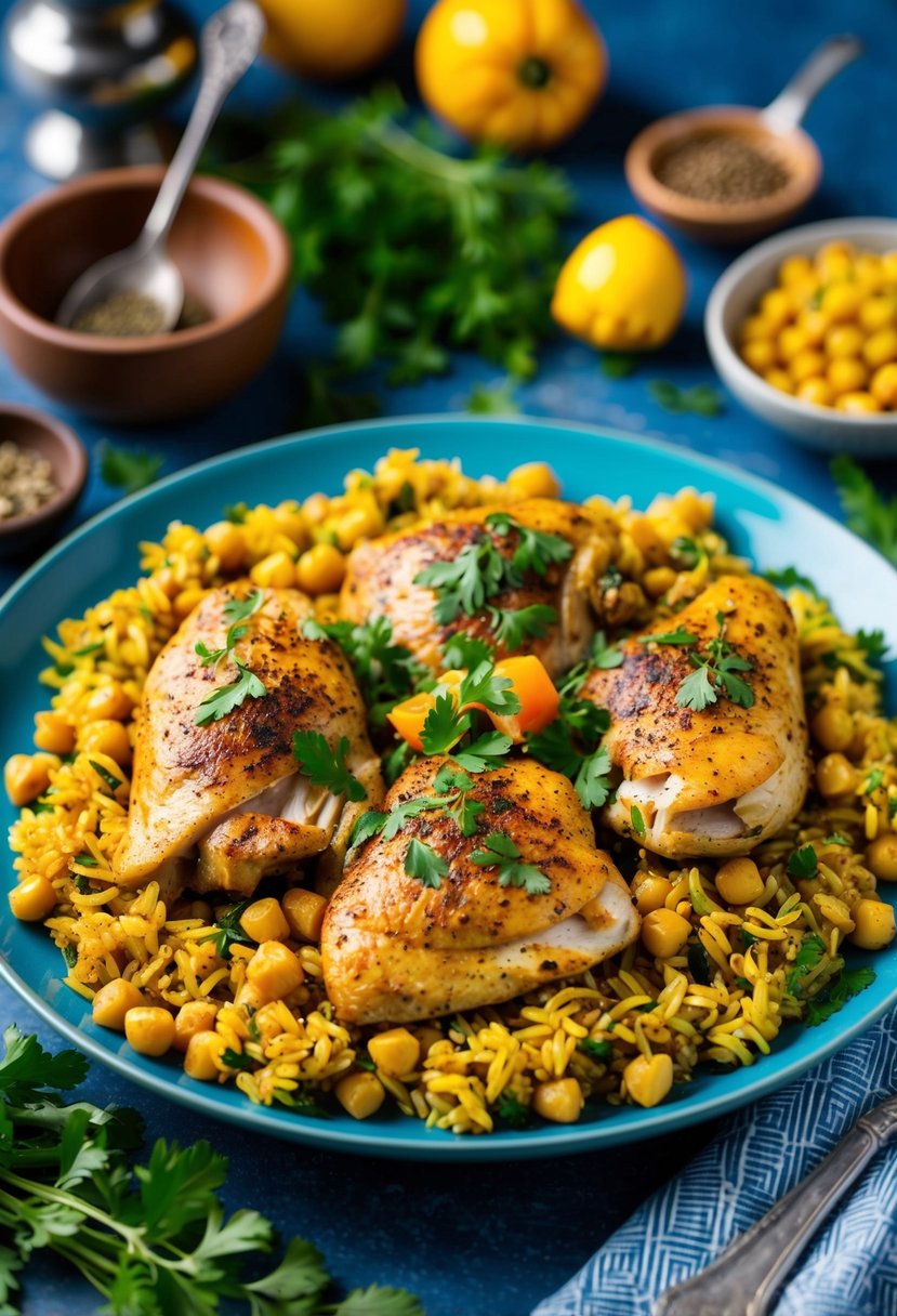 A colorful plate of Mediterranean chicken with chickpea rice, surrounded by vibrant herbs and spices