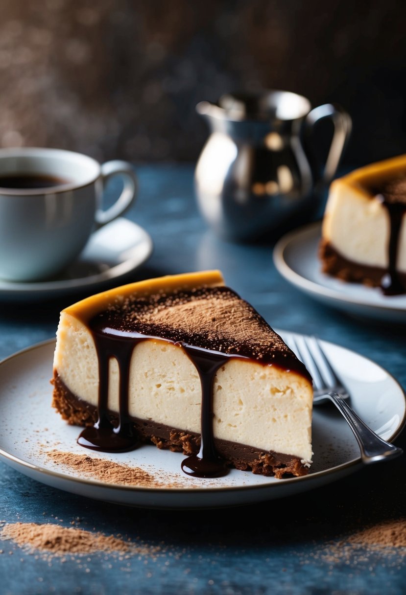 A decadent Kahlúa cheesecake sits on a plate, drizzled with a rich coffee glaze and garnished with a dusting of cocoa powder