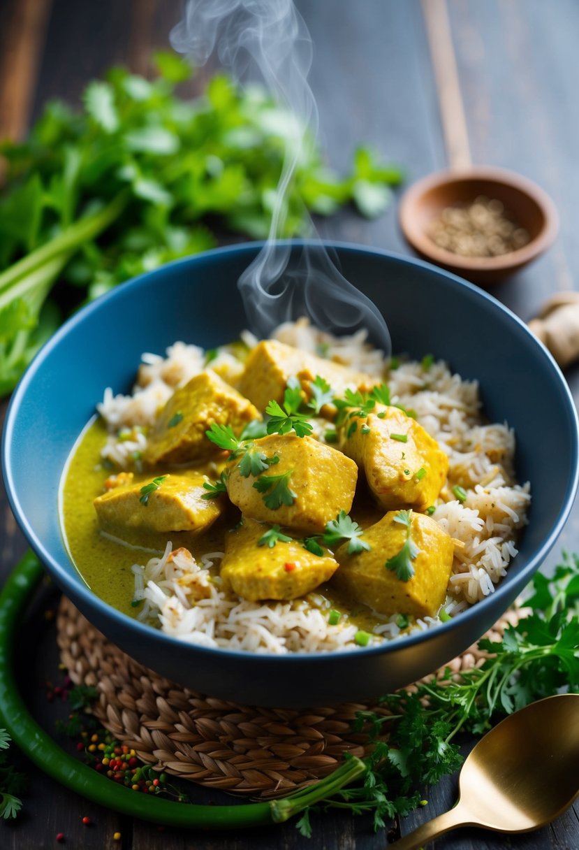 A steaming bowl of coconut curry chicken and brown rice, surrounded by vibrant herbs and spices