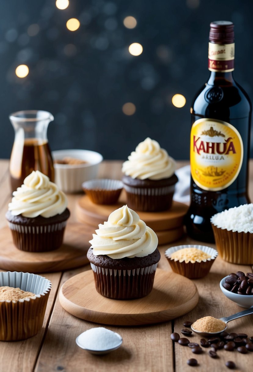 A table with vanilla Kahlúa cupcakes, a bottle of Kahlúa, and baking ingredients scattered around