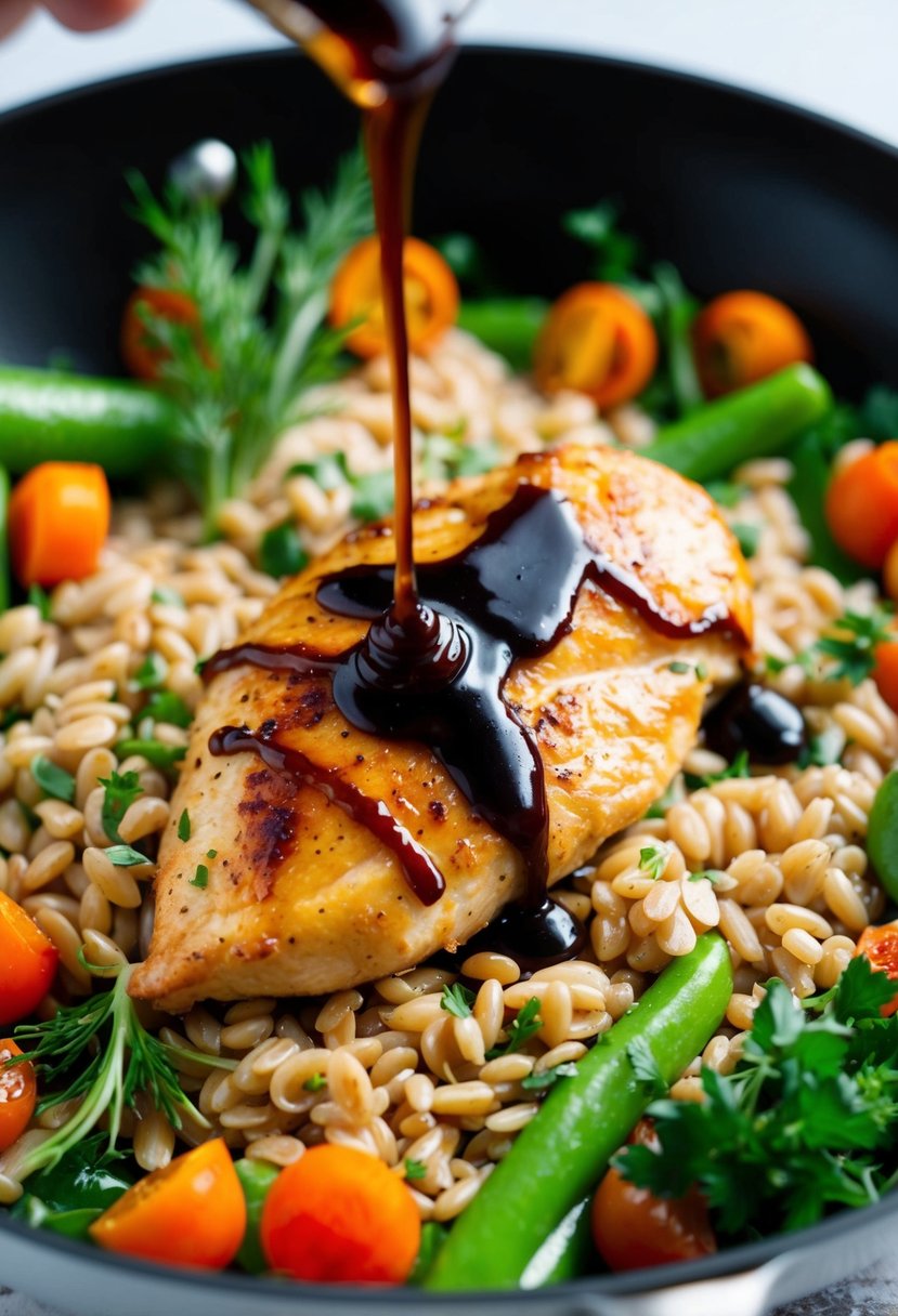 A sizzling chicken breast drizzled with balsamic glaze sits on a bed of fluffy farro grains, surrounded by vibrant vegetables and herbs