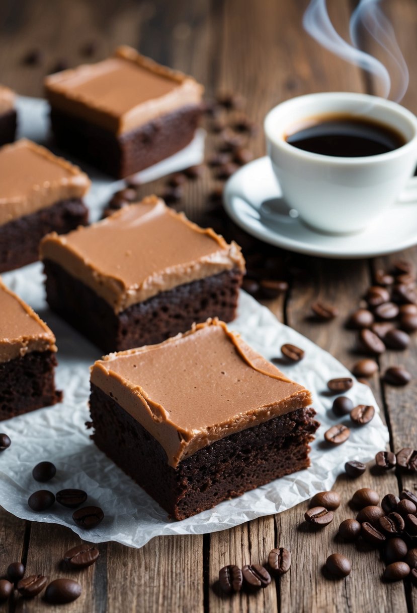 A batch of Kahlúa brownies with rich espresso frosting sits on a rustic wooden table, surrounded by scattered coffee beans and a steaming cup of espresso