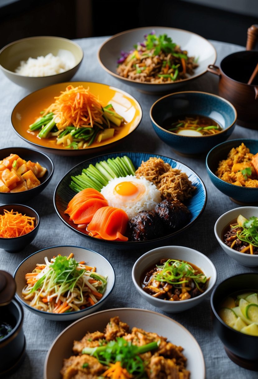 A table set with a variety of colorful Korean dishes, including kimchi, bibimbap, and bulgogi, surrounded by traditional Korean cookware and utensils