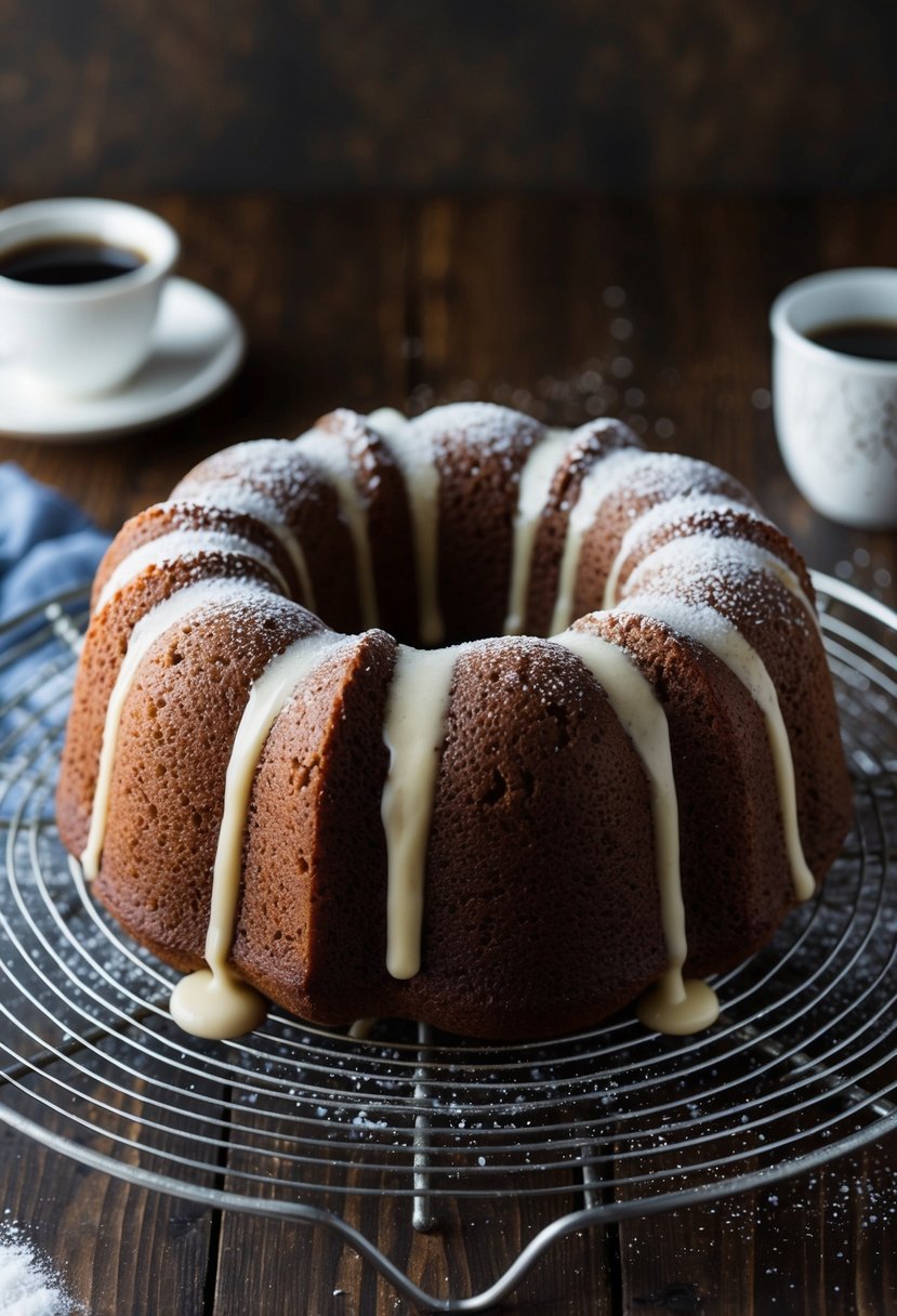 A moist Kahlúa Bundt cake cooling on a wire rack, with a drizzle of Kahlúa glaze and a sprinkling of powdered sugar on top