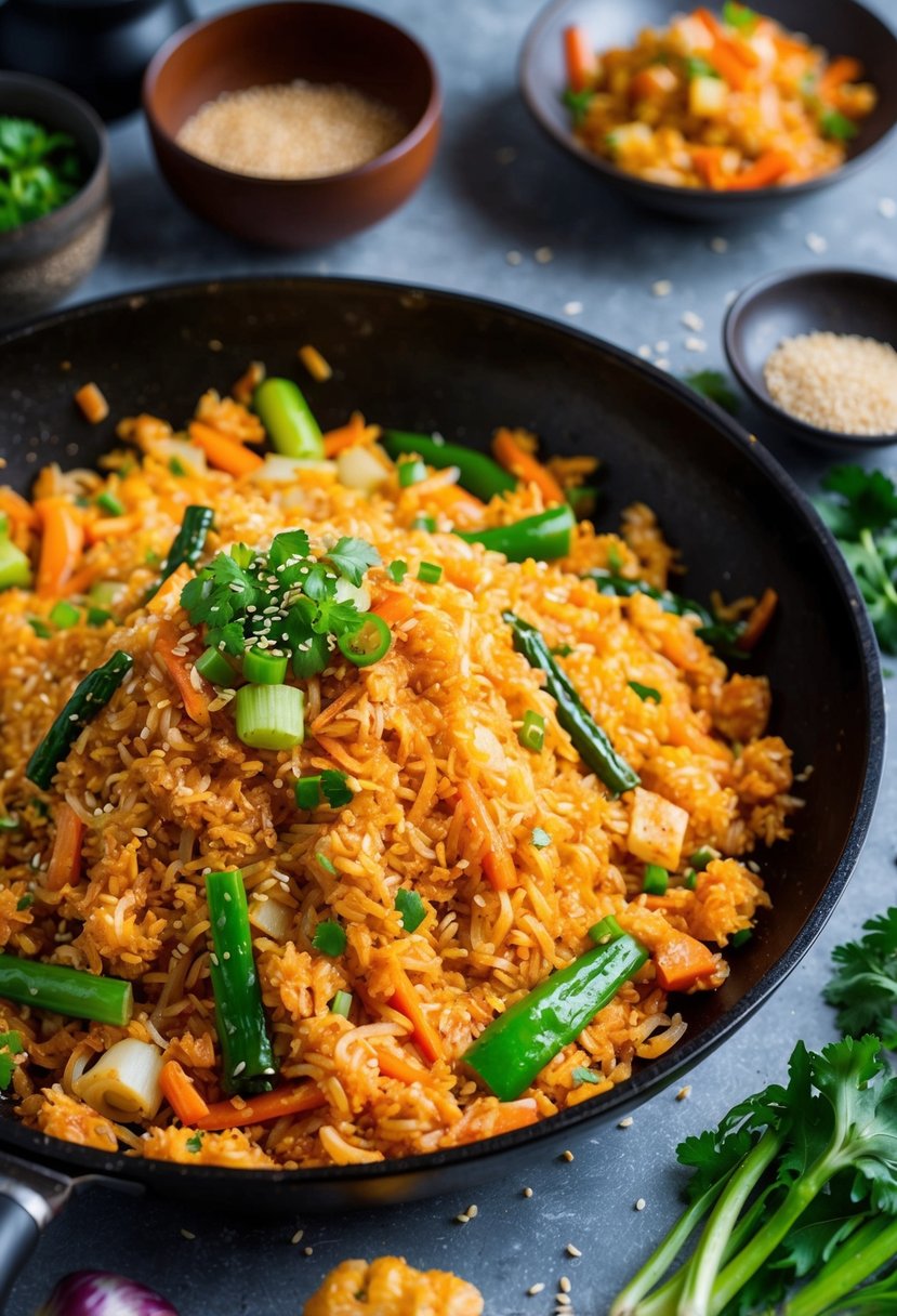 A sizzling skillet of kimchi fried rice with colorful vegetables and a sprinkle of sesame seeds, surrounded by traditional Korean cooking utensils