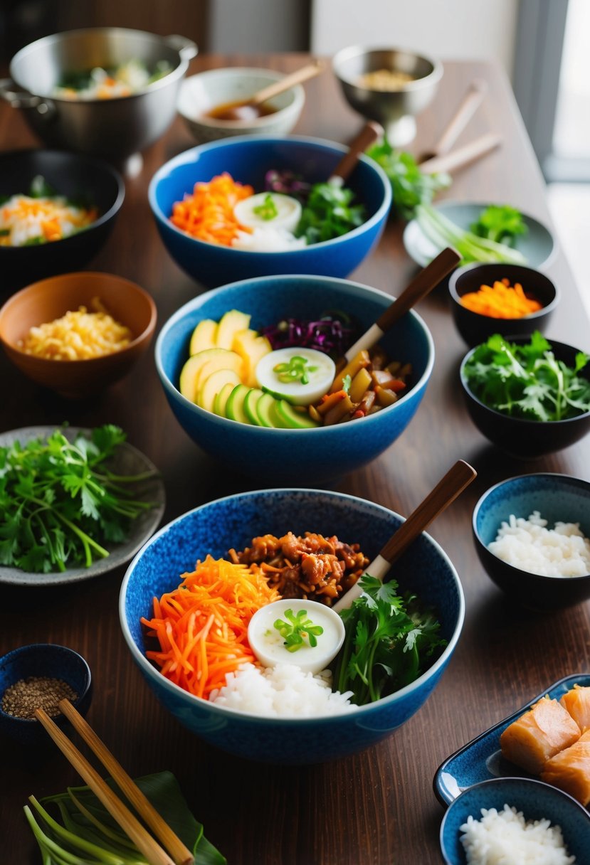 A table set with vibrant bibimbap bowls, surrounded by fresh ingredients and traditional Korean cooking utensils