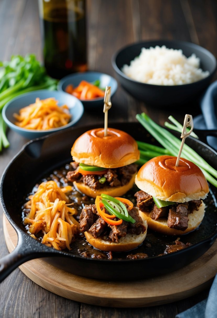 A sizzling skillet of bulgogi beef sliders with a side of kimchi and steamed rice