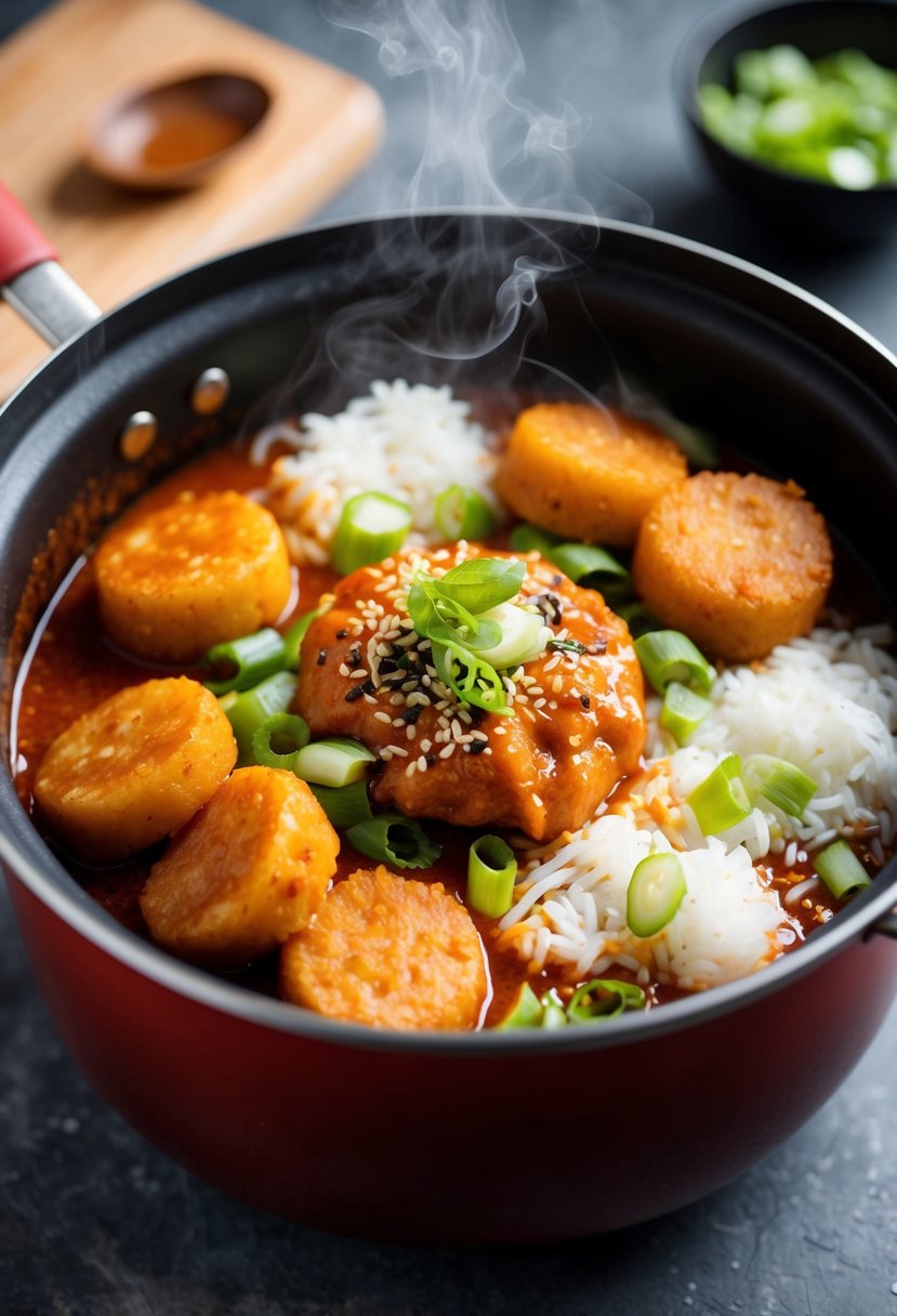 A steaming pot of spicy Tteokbokki with chewy rice cakes, fish cakes, and a rich, red sauce, garnished with sliced green onions and sesame seeds