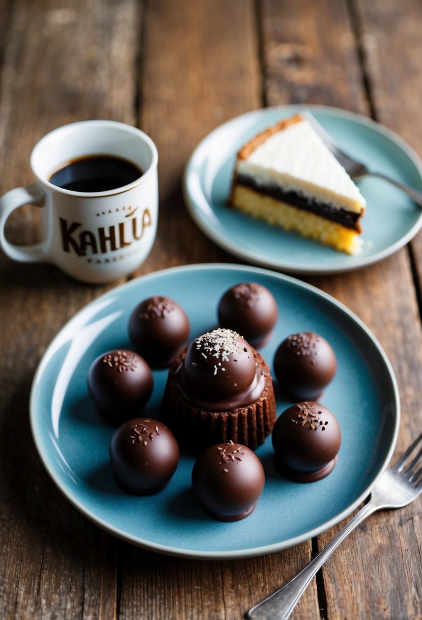 A plate of dark chocolate Kahlúa truffles with a slice of Kahlúa cake on a rustic wooden table