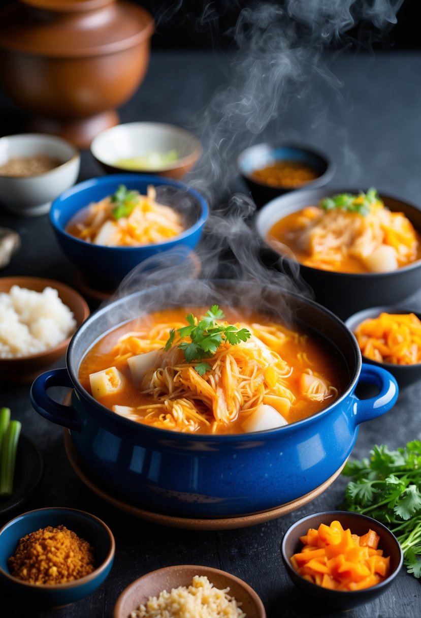 A steaming pot of kimchi stew surrounded by traditional Korean ingredients