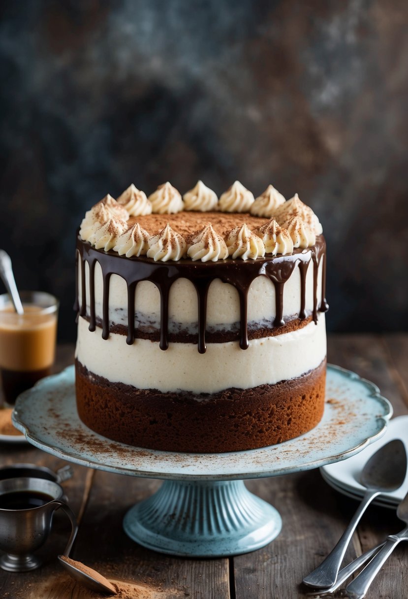 A decadent Kahlúa and cream layer cake on a vintage cake stand with a drizzle of coffee-infused glaze and a dusting of cocoa powder