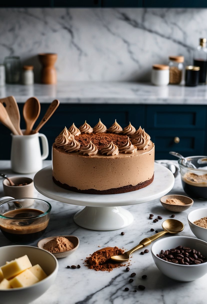 A decadent Kahlúa mousse cake being prepared with coffee-infused batter and rich Kahlúa frosting, surrounded by scattered ingredients and utensils on a marble countertop