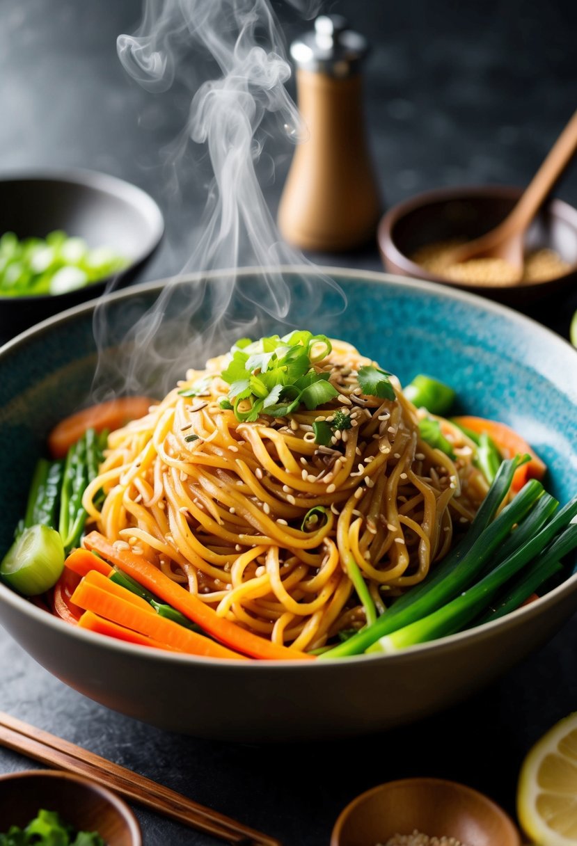 A steaming bowl of japchae noodles surrounded by colorful vegetables and garnished with sesame seeds and green onions