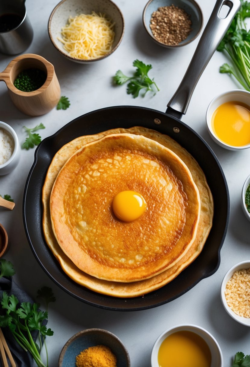 A sizzling hot pan filled with golden brown Korean pancakes surrounded by various ingredients and cooking utensils