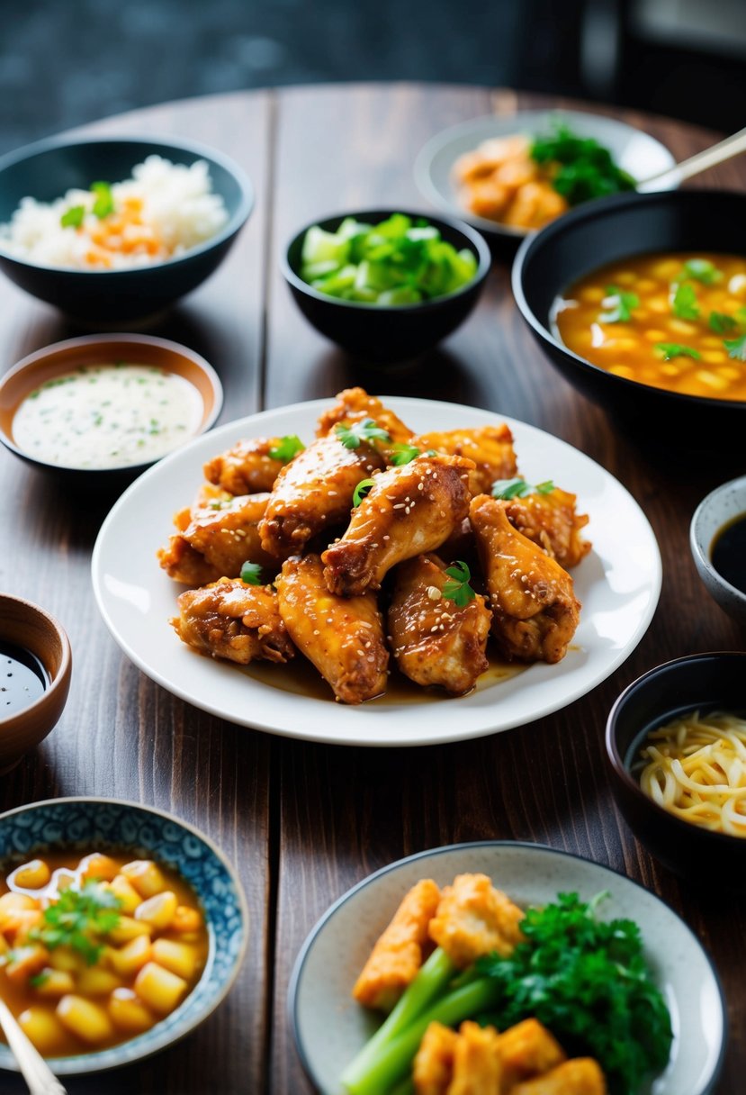 A plate of soy garlic chicken wings surrounded by Korean side dishes on a wooden table