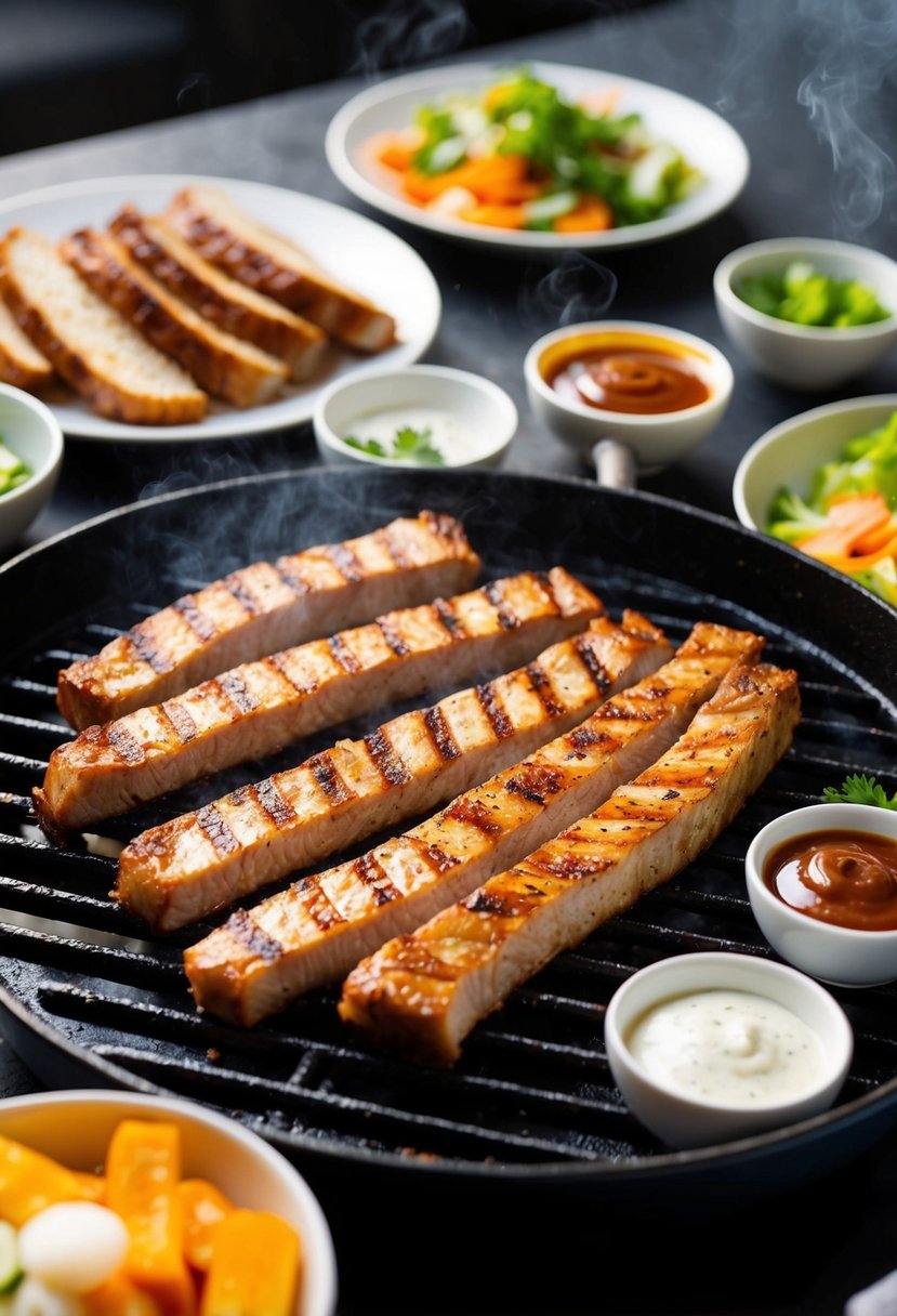 A sizzling grill with strips of marinated pork, surrounded by various side dishes and dipping sauces