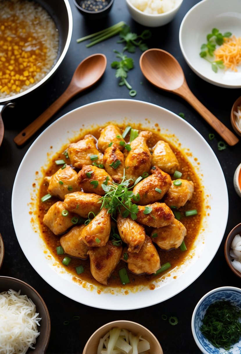 A sizzling plate of yangnyeom chicken surrounded by various Korean ingredients and cooking utensils