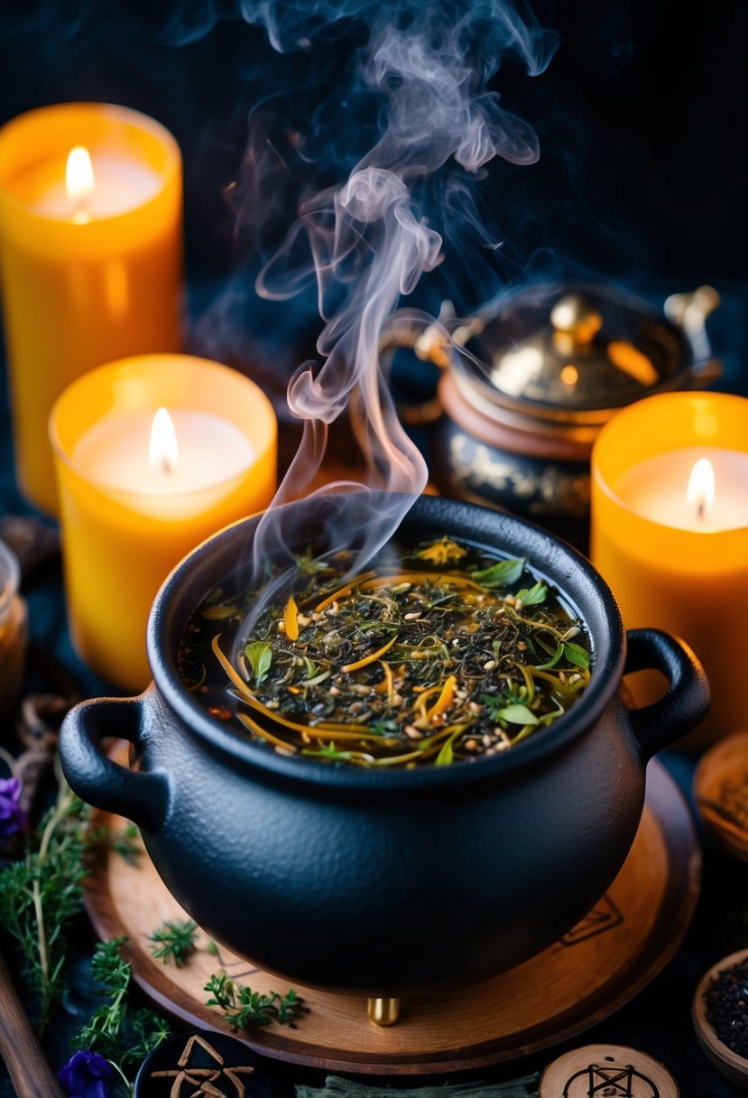 A cauldron brews with swirling tea leaves, herbs, and spices, surrounded by candles and mystical symbols