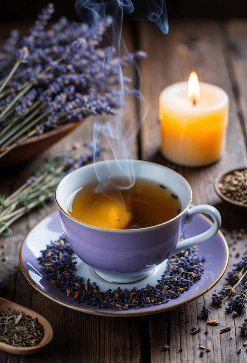 A steaming cup of lavender dream tea sits on a rustic wooden table, surrounded by dried herbs and a flickering candle