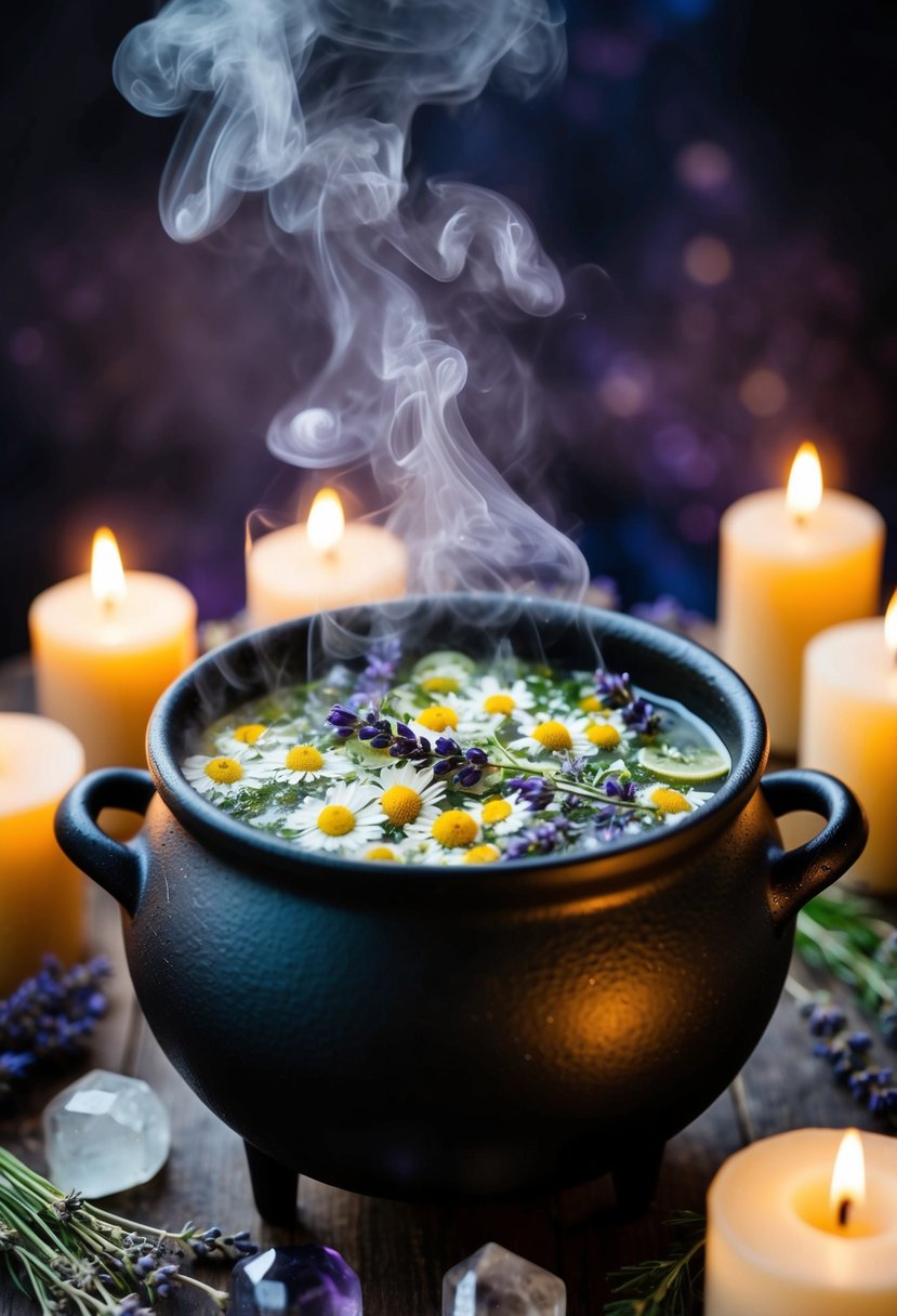 A cauldron steams with chamomile, lavender, and other herbs, surrounded by candles and crystals