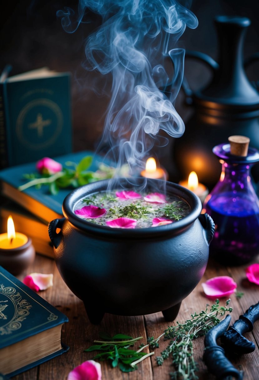 A cauldron steams with rose petals, herbs, and a bubbling potion, surrounded by spell books and mystical tools