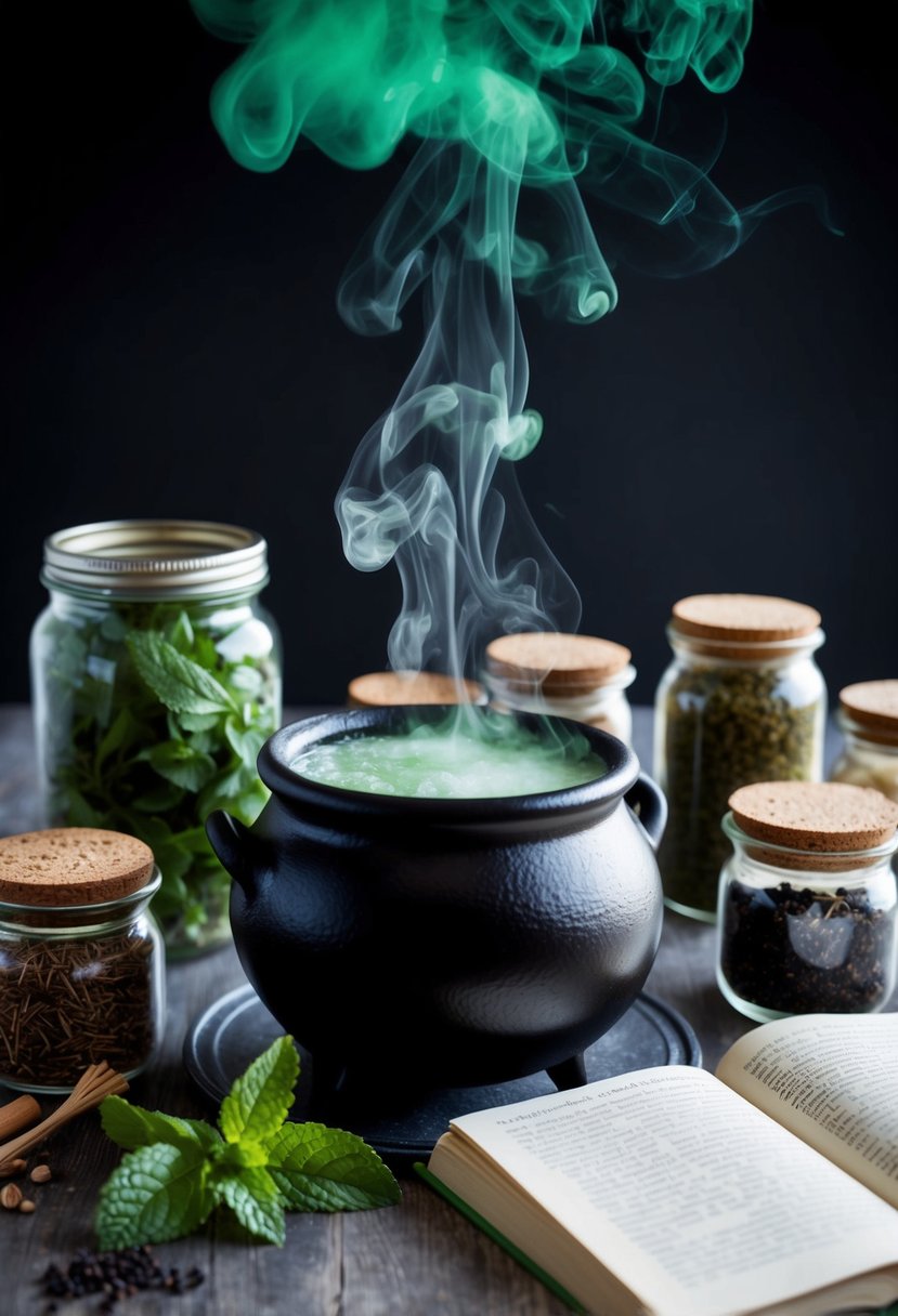 A bubbling cauldron emits minty green steam, surrounded by jars of herbs and spell ingredients. A book of tea magick recipes lies open nearby