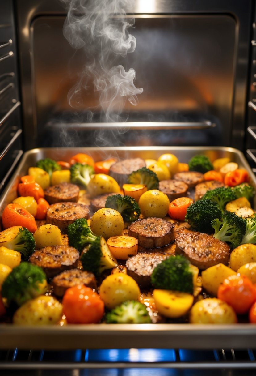 A colorful array of roasted vegetables and seasoned meats sizzle in the oven, filling the kitchen with a tantalizing aroma