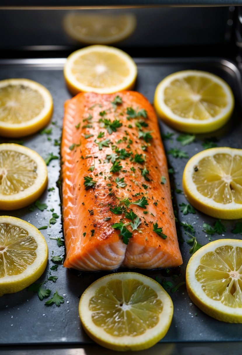 A golden-brown salmon fillet, sprinkled with fresh herbs, surrounded by vibrant lemon slices, baking in the oven