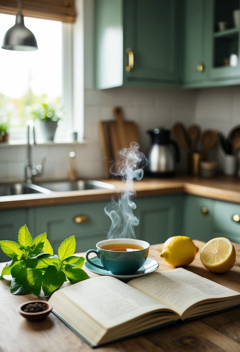 A cozy kitchen with fresh lemon balm, a steaming cup of Serenity tea, and an open book of witchcraft recipes