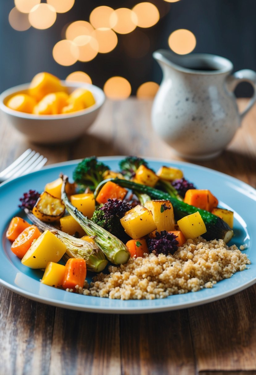 A colorful array of roasted vegetables and quinoa on a dinner plate, fresh from the oven