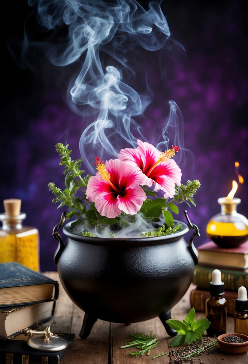 A cauldron steams with hibiscus, herbs, and swirling energy, surrounded by spell books and potion bottles