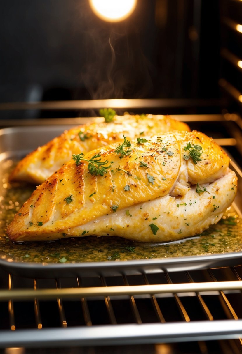 A golden-brown chicken breast, seasoned with garlic and herbs, sizzling in the oven