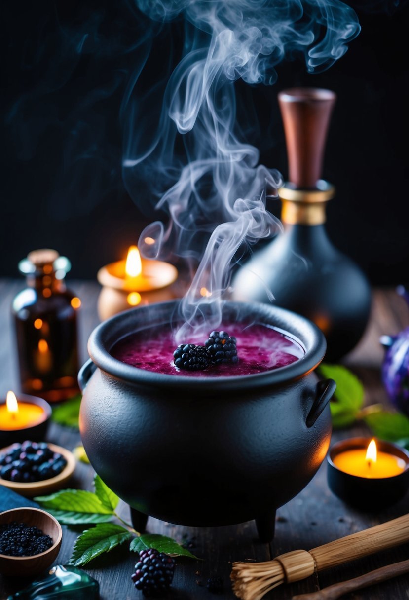 A bubbling cauldron steams with blackberry bramble potion, surrounded by spell ingredients and witchcraft tools