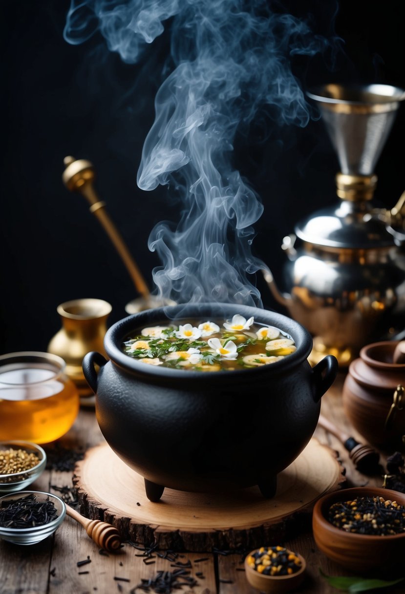 A cauldron bubbling with jasmine tea surrounded by spell ingredients and brewing equipment