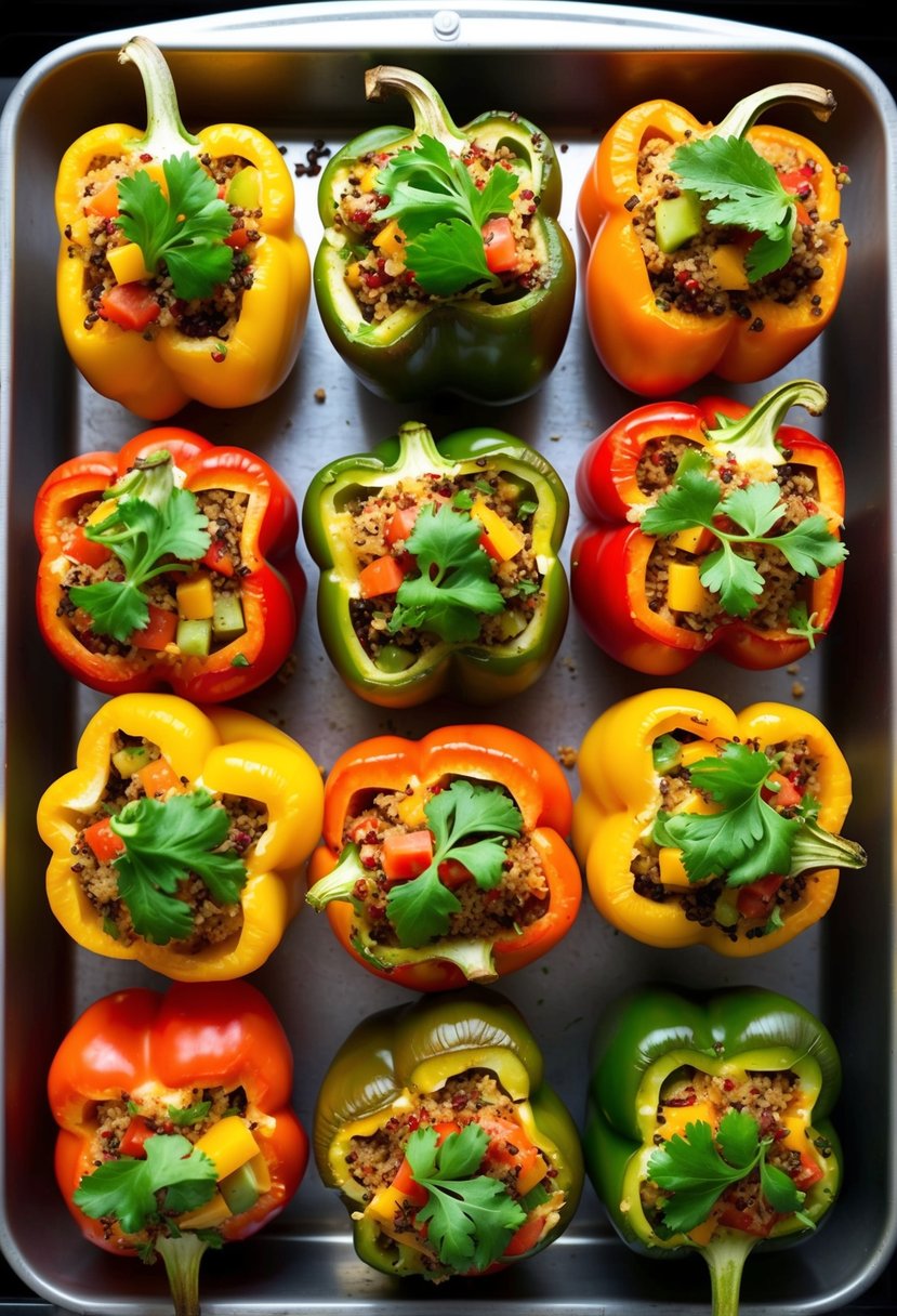 A colorful array of stuffed bell peppers filled with quinoa, fresh vegetables, and savory herbs, baking in the oven