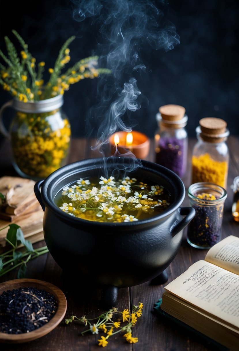 A cauldron bubbling with elderflower elixir tea, surrounded by jars of magical ingredients and a book of witchcraft recipes