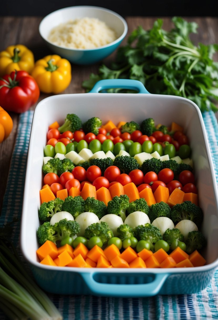 Fresh vegetables arranged in a colorful pattern in a baking dish, ready to be oven-baked for a healthy ratatouille dinner