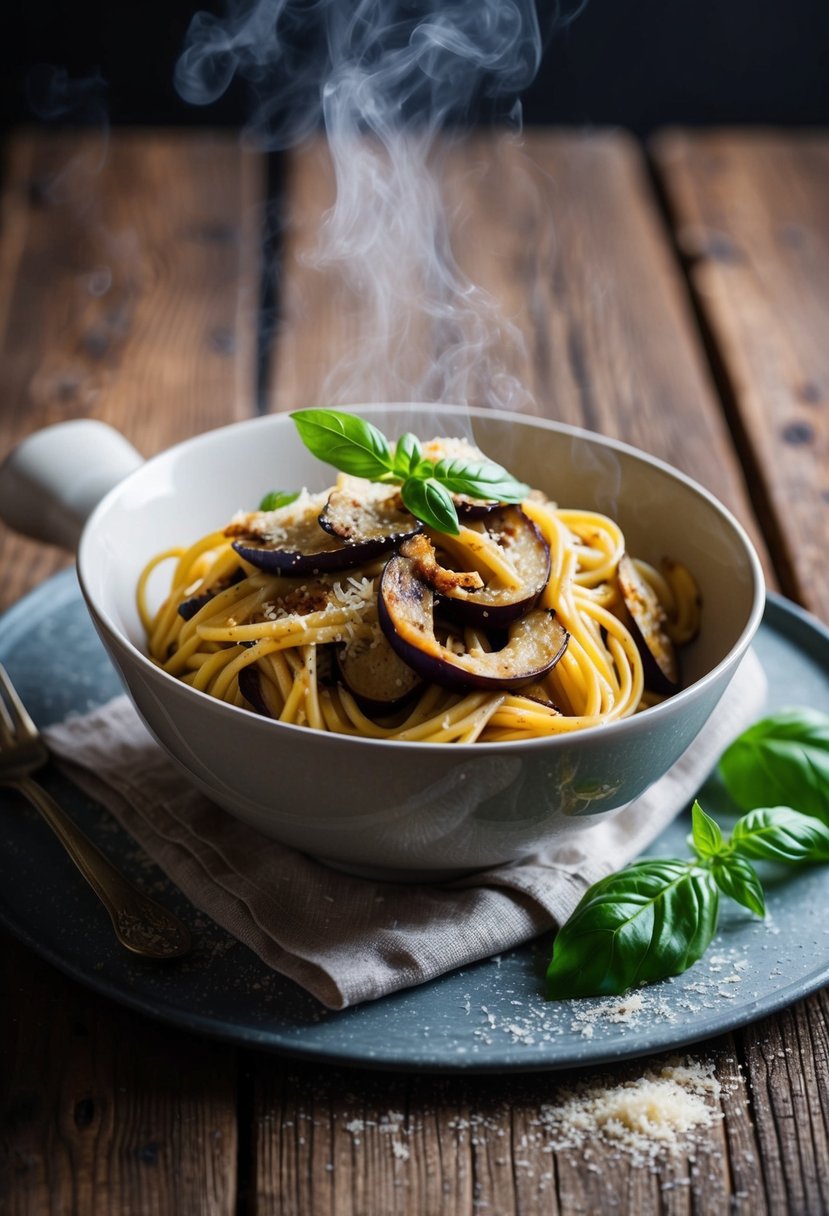 A steaming bowl of pasta with rich eggplant sauce, garnished with fresh basil and grated Parmesan, sits on a rustic wooden table