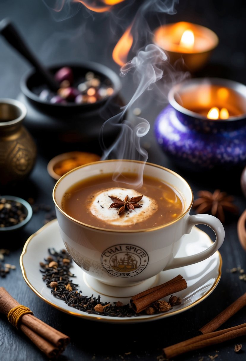 A steaming cup of Chai Spice Charm tea surrounded by mystical ingredients and a hint of witchcraft