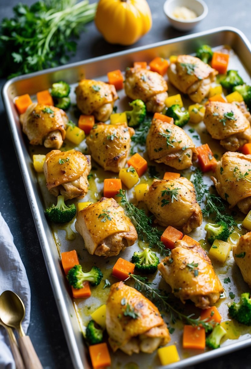 A sheet pan filled with honey garlic chicken, colorful vegetables, and herbs, ready to be placed in the oven for a healthy dinner